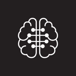outline of a brain, left and right sides connected via eight dots representing the eight limbs of Yoga